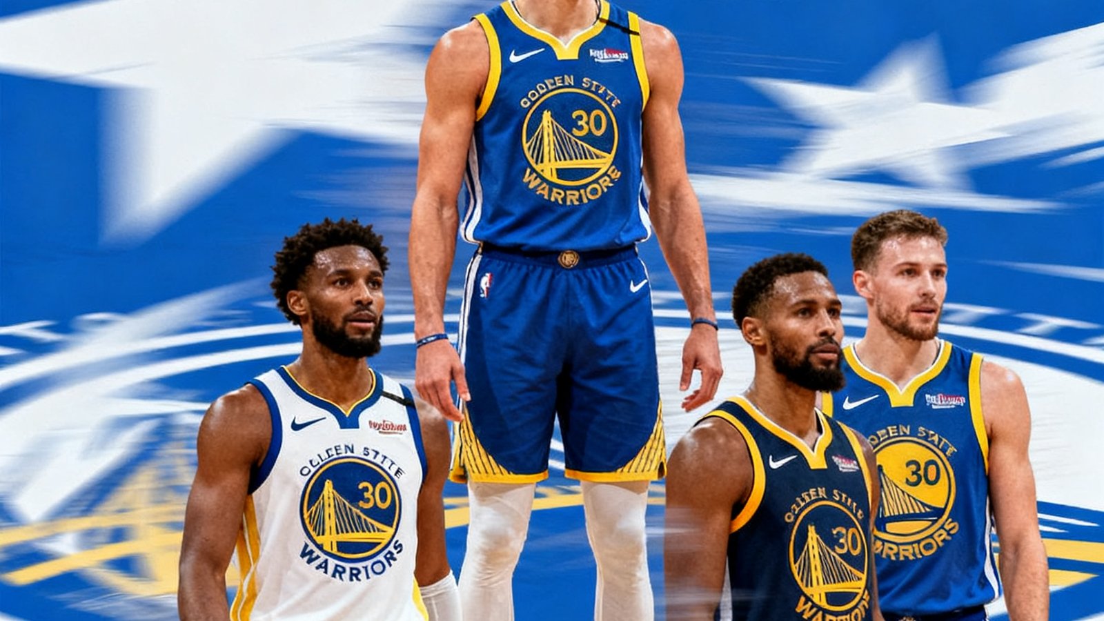 NBA转会新闻配图，展示球员穿着多支球队球衣的合成对比图，背景为交易截止日倒计时