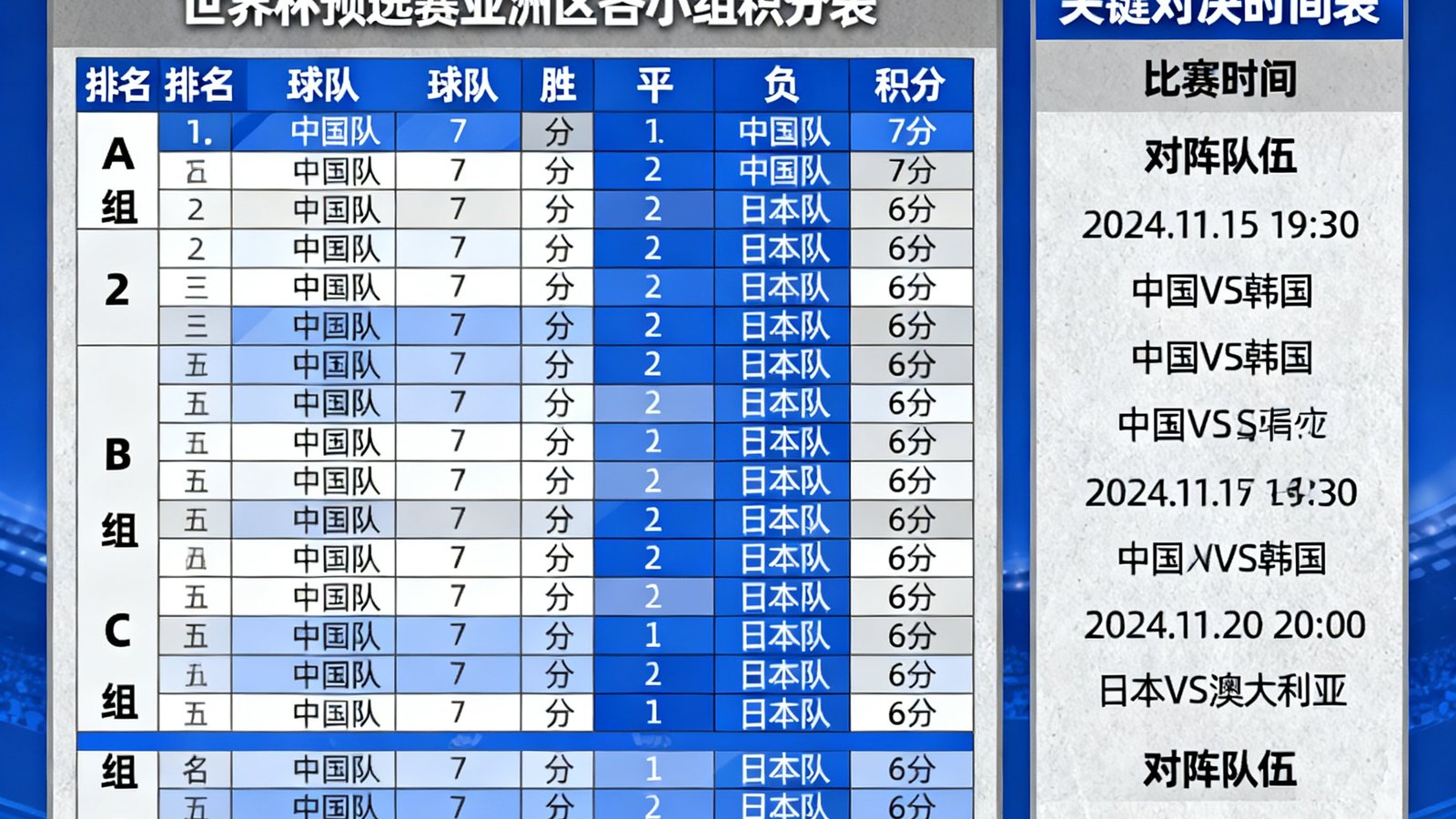 世界杯预选赛亚洲区赛程预览图，展示各小组积分情况和关键对决的时间安排